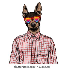 Hand Drawn Fashion Illustration of dressed up english Toy Terrier, in colors. Vector