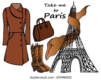 Hand drawn fashion illustration, Eiffel Tower, dress, shoes and handbag