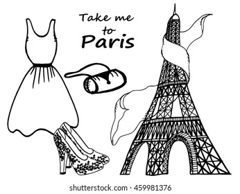 Hand drawn fashion illustration, Eiffel Tower, dress, shoes and handbag