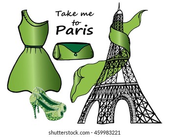 Hand drawn fashion illustration, Eiffel Tower, dress, shoes and handbag