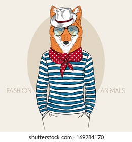 Hand Drawn  fashion illustration of Fox Hipster in colors