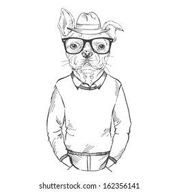 Hand Drawn Fashion Illustration of French Bulldog Hipster in one color isolated on white