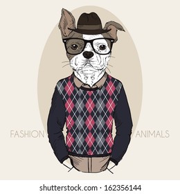 Hand Drawn Fashion Illustration of French Bulldog Hipster in colors