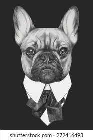 Hand drawn fashion Illustration of French Bulldog. Vector isolated elements.