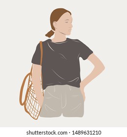 Hand drawn fashion illustration - girl in a t-shirt with an eco bag. 