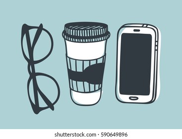 Hand drawn fashion illustration glasses, coffee and phone. Creative ink art work. Actual vector drawing hipster stuff
