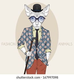 Hand Drawn Fashion Illustration of Hipster Sphinx in colors