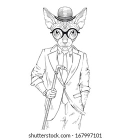 Hand Drawn Fashion Illustration of Hipster Sphinx in one color isolated on white