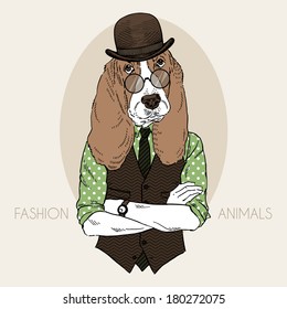 Hand drawn fashion illustration of hound hipster in colors