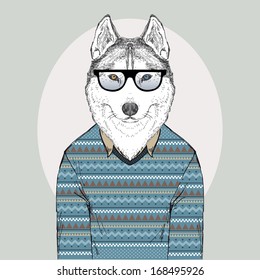 Hand Drawn Fashion Illustration of Husky Hipster in jacquard pullover