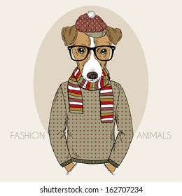 Hand Drawn Fashion Illustration of Jack Russel Terrier Hipster in colors