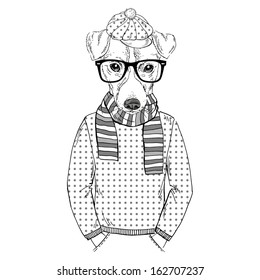 Hand Drawn Fashion Illustration of Jack Russel Terrier Hipster in one color isolated on white