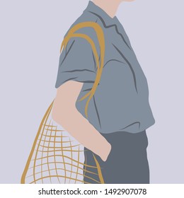 Hand drawn fashion illustration - man in a blue shirt with an eco bag mesh.
Figure dressed in hipster trendy clothes painting in minimalism style 