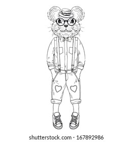 Hand Drawn Fashion Illustration of Mouse Kid in one color isolated on white