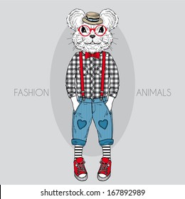 Hand Drawn Fashion Illustration of Mouse Kid in colors