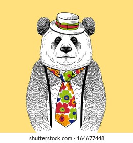 Hand Drawn Fashion Illustration of Panda in Colorful Tie and  Straw Boater isolated on light background