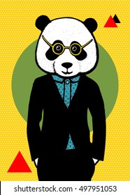 Hand drawn fashion illustration of panda hipster in a black suit with glasses on colored geometric background. City Style, Hipster Look. Vector Illustration on yellow pattern with dots