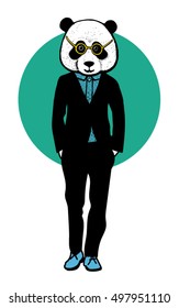 Hand drawn fashion illustration of panda hipster in a black suit with and glasses. City Style, Hipster Look, Vector Illustration.