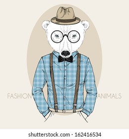 Hand Drawn Fashion Illustration of Polar Bear Hipster in colors