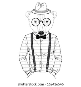 Hand Drawn Fashion Illustration of Polar Bear Hipster in one color isolated on white