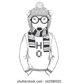 Hand Drawn Fashion Illustration of Polar Bear in Winter Knitwear in one color isolated on white