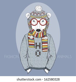 Hand Drawn Fashion Illustration of Polar Bear in Winter Knitwear in colors