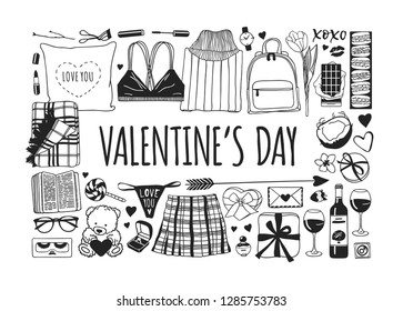 Hand drawn Fashion Illustration Romantic Objects and quote. Creative ink art work. Actual vector drawing of Holiday things. Happy Valentine's Day set and text VALENTINE'S DAY