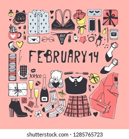 Hand drawn Fashion Illustration Romantic Objects and quote. Creative ink art work. Actual vector drawing of Holiday things. Happy Valentine's Day set and text FEBRUARY 14