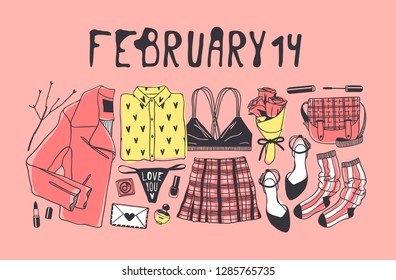 Hand drawn Fashion Illustration Romantic Objects and quote. Creative ink art work. Actual vector drawing of Holiday things. Happy Valentine's Day set and text FEBRUARY 14