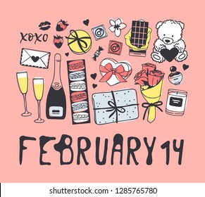 Hand drawn Fashion Illustration Romantic Objects and quote. Creative ink art work. Actual vector drawing of Holiday things. Happy Valentine's Day set and text FEBRUARY 14