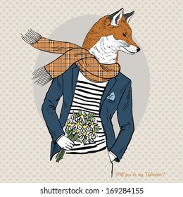 Hand Drawn  fashion illustration of romantic fox with flowers in hand