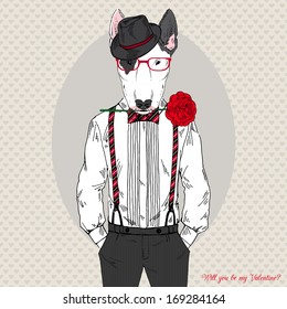 Hand Drawn  fashion illustration of romantic bullterrier doggy with rose in colors