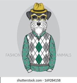 Hand Drawn  fashion illustration of Schnauzer Hipster in colors