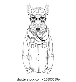 Hand Drawn Fashion Illustration of Scottish-terrier in one color isolated on white