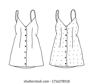 Hand Drawn Fashion Illustration Season Wear. Creative ink art work Summer Outfit Element. Actual vector drawing sundress. Black contour object on white background isolated