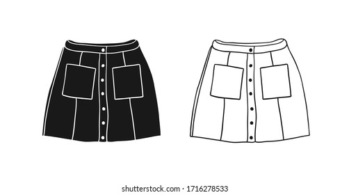 Hand Drawn Fashion Illustration Season Wear. Creative ink art work Summer Outfit Element. Actual vector drawing skirt. Black contour object on white background isolated