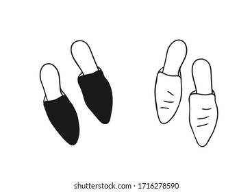 Hand Drawn Fashion Illustration Season Mules. Creative ink art work Summer Outfit Element. Actual vector drawing shoes. Black contour object on white background isolated