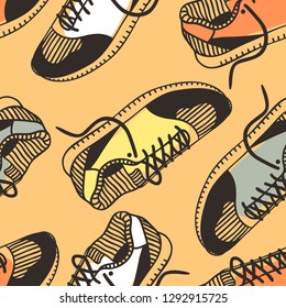 Hand drawn fashion illustration sneakers. Creative ink art work. Actual vector seamless pattern with shoes