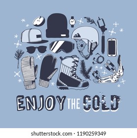 Hand drawn Fashion Illustration Snowboarding Things. Creative ink art work. Actual cozy vector drawing with Rider's Items. Winter Sport set: wear, shoes, accessories, food, drinks, things