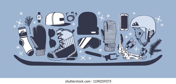Hand drawn Fashion Illustration Snowboarding Things. Creative ink art work. Actual cozy vector drawing with Rider's Items. Winter Sport set: wear, shoes, accessories, food, drinks, things