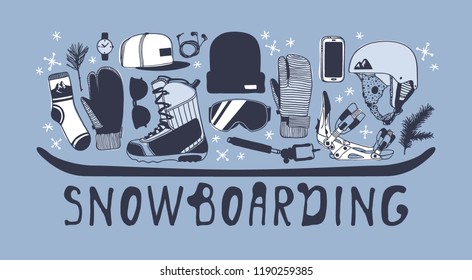 Hand drawn Fashion Illustration Snowboarding Things. Creative ink art work. Actual cozy vector drawing with Rider's Items. Winter Sport set: wear, shoes, accessories, food, drinks, things