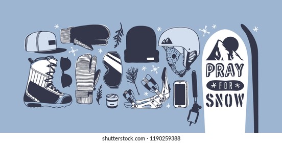 Hand drawn Fashion Illustration Snowboarding Things. Creative ink art work. Actual cozy vector drawing with Rider's Items. Winter Sport set: wear, shoes, accessories, food, drinks, things