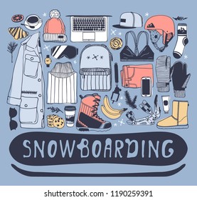 Hand drawn Fashion Illustration Snowboarding Things. Creative ink art work. Actual cozy vector drawing with Rider's Items. Winter Sport set: wear, shoes, accessories, food, drinks, things