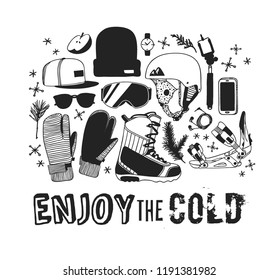 Hand drawn Fashion Illustration Snowboarding Things and text. Creative ink art work. Actual cozy vector drawing with Rider's Items. Winter Sport set: wear, shoes, accessories, food, drinks, things