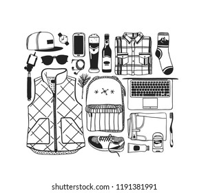 Hand drawn Fashion Illustration Snowboarding Things. Creative ink art work. Actual cozy vector drawing with Rider's Items. Winter Sport set: wear, shoes, accessories, food, drinks, things