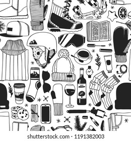 Hand drawn Fashion Illustration Snowboarding Things. Creative ink art work. Actual cozy vector seamless pattern with Rider's Items. Winter Sport set: wear, shoes, accessories, food, drinks, things