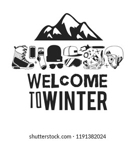 Hand drawn Fashion Illustration Snowboarding Things and text. Creative ink art work. Actual cozy vector drawing with Rider's Items. Winter Sport set: wear, shoes, accessories, food, drinks, things