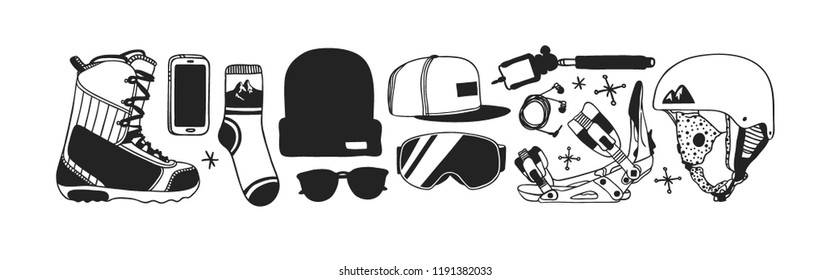 Hand drawn Fashion Illustration Snowboarding Things. Creative ink art work. Actual cozy vector drawing with Rider's Items. Winter Sport set: wear, shoes, accessories, food, drinks, things