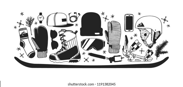 Hand drawn Fashion Illustration Snowboarding Things. Creative ink art work. Actual cozy vector drawing with Rider's Items. Winter Sport set: wear, shoes, accessories, food, drinks, things
