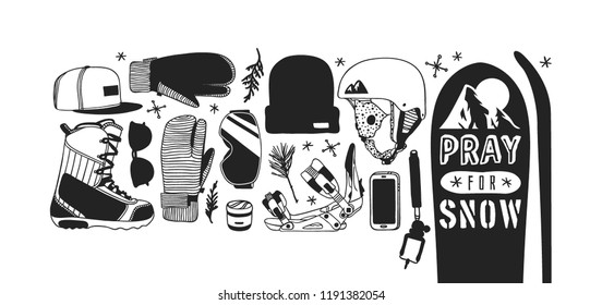 Hand drawn Fashion Illustration Snowboarding Things and text. Creative ink art work. Actual cozy vector drawing with Rider's Items. Winter Sport set: wear, shoes, accessories, food, drinks, things